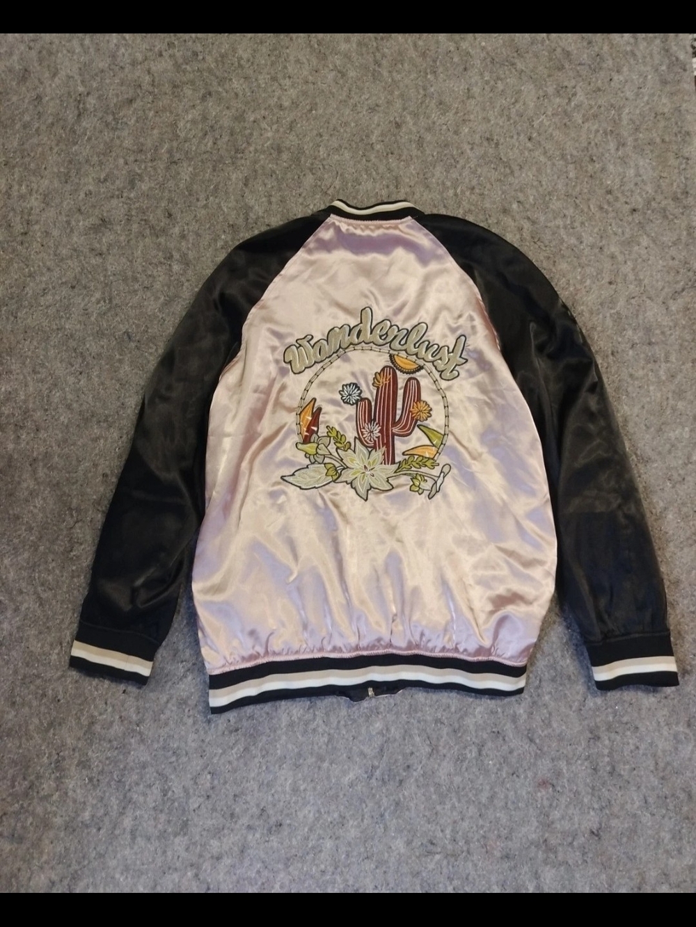 Anna Cai Womens Nylon Bomber Jacket Pink Black Floral Wanderlust Embroidery M